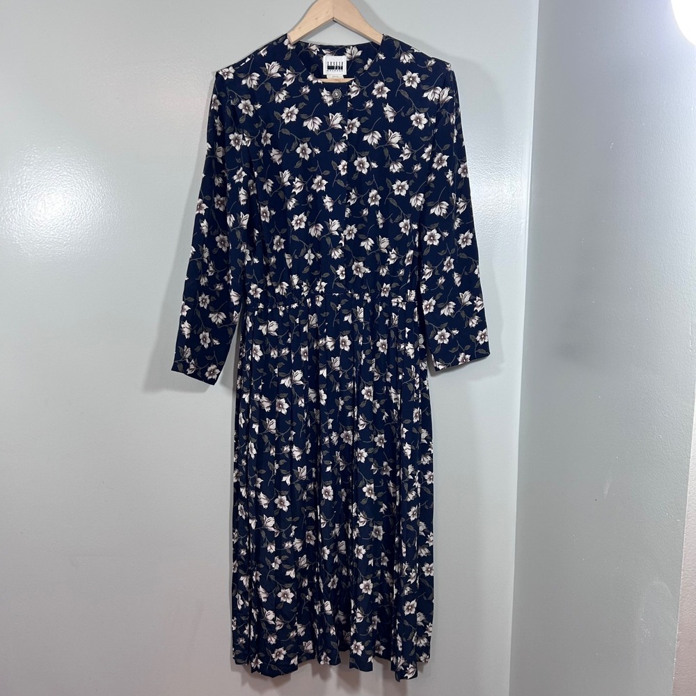 Vintage Leslie Fay Navy Blue Floral Pleated Midi Dress Long Sleeve Size 14
